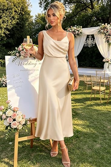 Vestido de satén de verano para mujer, elegante con cuello redondo y tirantes ajustables