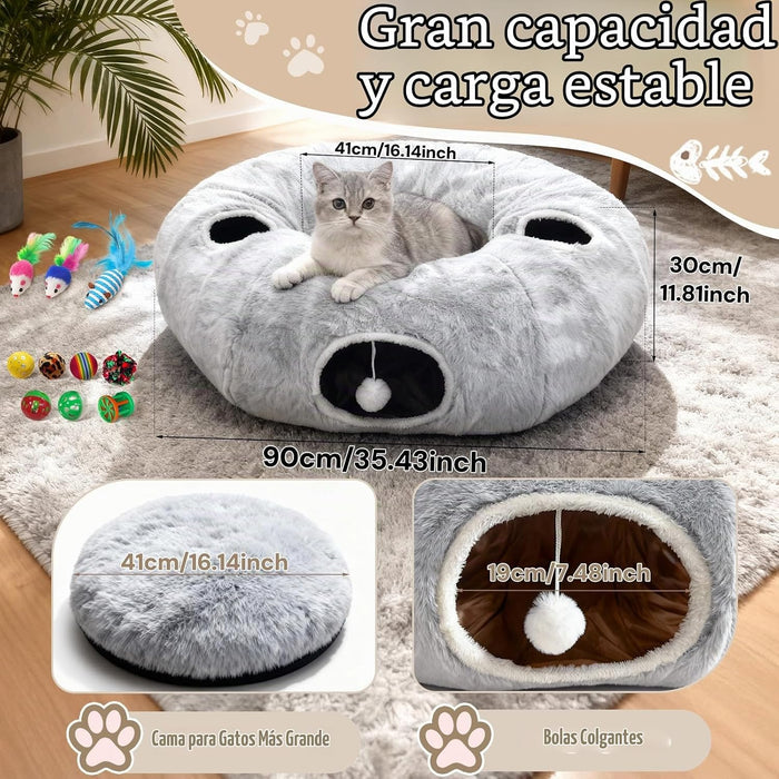 Túneles de gato de 4 agujeros para gatos de interior de felpa en forma de dona color gris