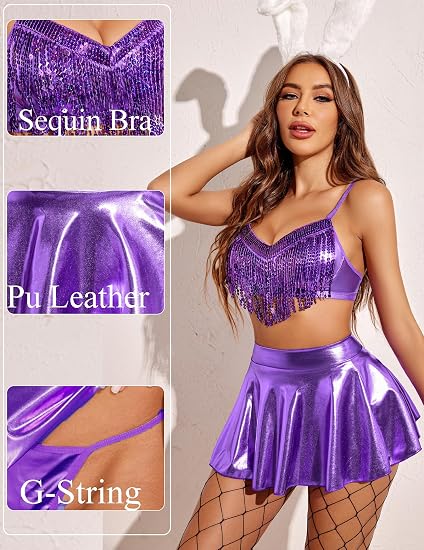 Avidlove Conjunto de 3 piezas para rave para mujer, de piel sintética, con flecos y lentejuelas