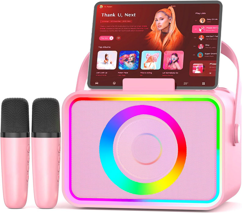 Máquina de karaoke, altavoz Bluetooth portátil con 2 micrófonos inalámbricos para adultos y niños con luces LED