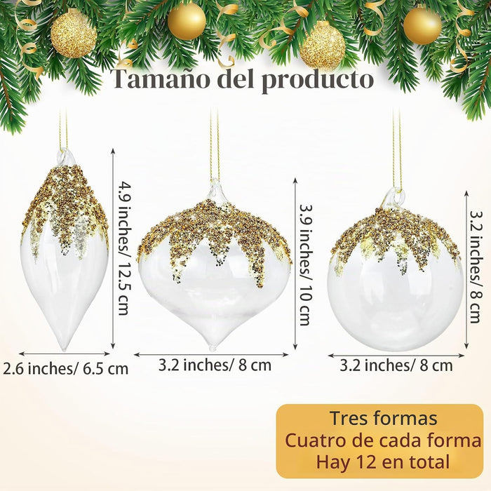Yerliker 12pcs de adornos de bola de vidrio transparente para Navidad con lentejuelas doradas y brillantes