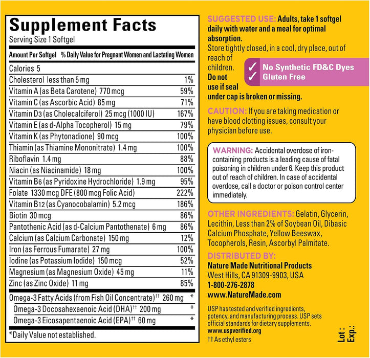 Nature Made Vitaminas prenatales para mujeres con ácido fólico + DHA, 90 cápsulas blandas