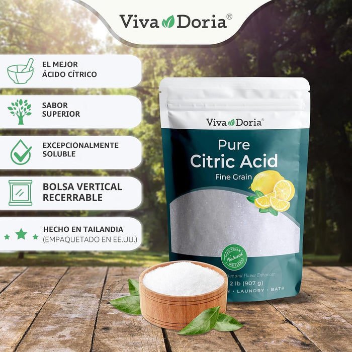 Viva Doria Ácido Cítrico 100% Puro, Grado Alimenticio, Grano Fino, 2 lb (907 g)