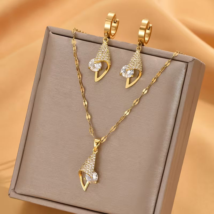 Conjunto de 3 piezas de acero inoxidable con circonita cúbica geométrica