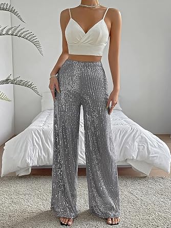 Pantalón largo de mujer con lentejuelas de contraste, cintura alta, pierna ancha