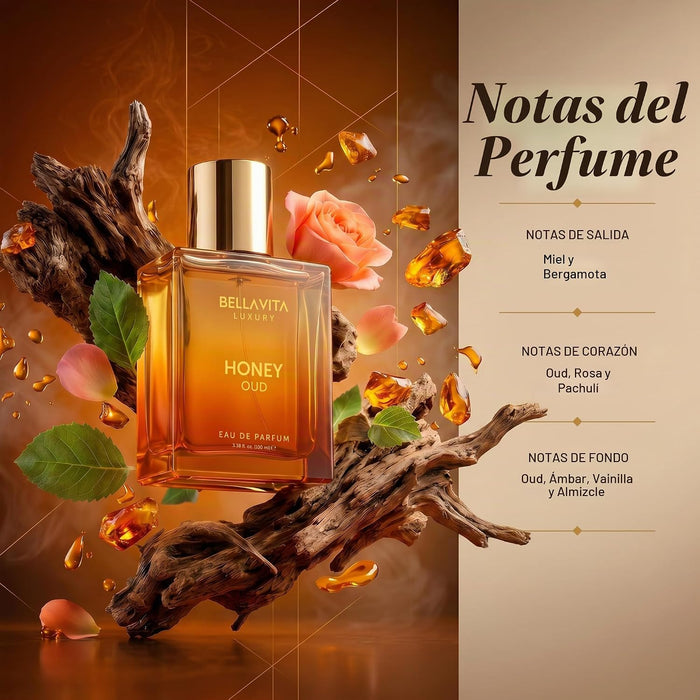 BellaVita Luxury Honey Oud Eau de Parfum (3.4 onzas líquidas) Pachulí, vainilla, bergamota, floral y picante