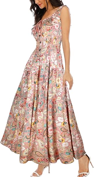 OSTOO Vestido largo maxi informal de estilo bohemio con estampado floral y volantes para mujer