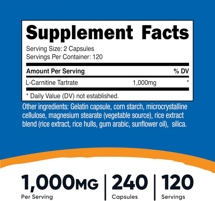 Nutricost Tartrato de L-Carnitina 1,000 mg, 240 cápsulas