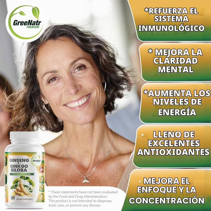 GreeNatr Suplemento de ginko biloba y panax ginseng - Suplemento cerebral de ginseng rojo 120 tabletas