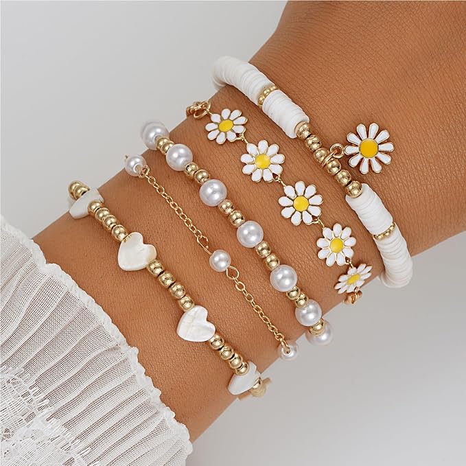 5 pulseras con colgante de margaritas, accesorio de cadena de mano para mujer