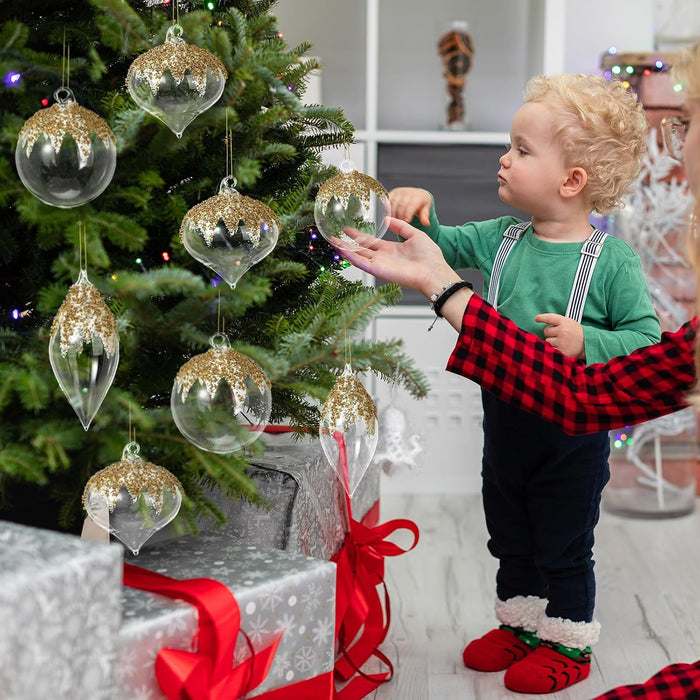 Yerliker 12pcs de adornos de bola de vidrio transparente para Navidad con lentejuelas doradas y brillantes