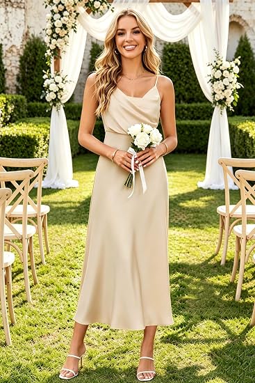 Vestido de satén de verano para mujer, elegante con cuello redondo y tirantes ajustables