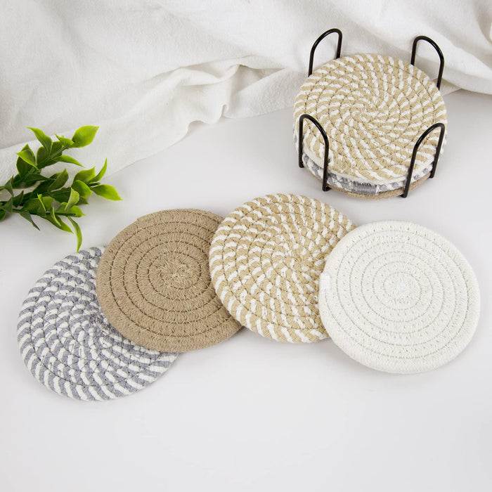 Juego de 4 posavasos redondos decorativos tejidos, con diseño trenzado