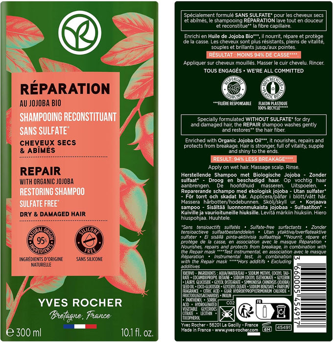 Yves Rocher Champú reparador para cabello seco o dañado con aceite de jojoba orgánico