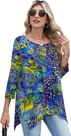 AKEWEI Blusas tipo túnica de manga 3/4 para mujer ajuste holgado