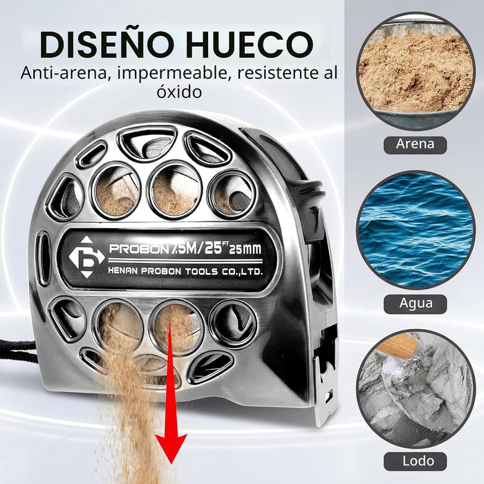 Cinta Métrica de 25 Pies/7.5M de Acero Inoxidable Retráctil con Escala de Doble Cara