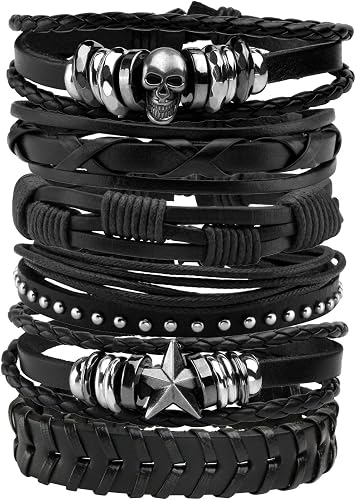 MILAKOO 6 pulseras de cuero punk unisex, pulseras trenzadas de poliuretano con calavera y esqueleto