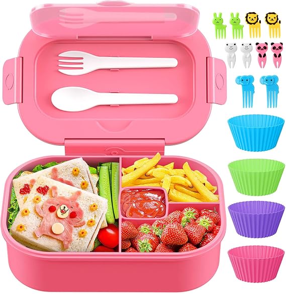 Fiambrera Bento de 1,3 litros (44 oz) con 4 compartimentos y cubiertos para niños y adultos.
