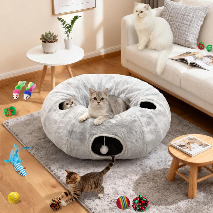Túneles de gato de 4 agujeros para gatos de interior de felpa en forma de dona color gris
