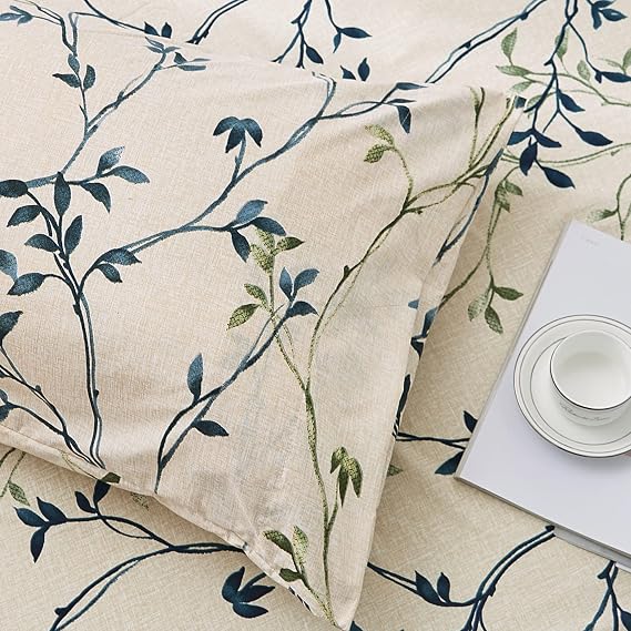 Juego de sábanas JSD Beige Leaves Print tamaño matrimonial, 4 piezas, sábanas suaves de microfibra