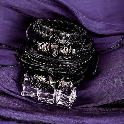MILAKOO 6 pulseras de cuero punk unisex, pulseras trenzadas de poliuretano con calavera y esqueleto