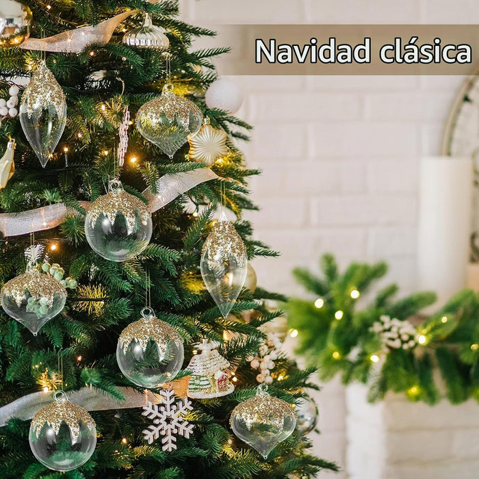 Yerliker 12pcs de adornos de bola de vidrio transparente para Navidad con lentejuelas doradas y brillantes