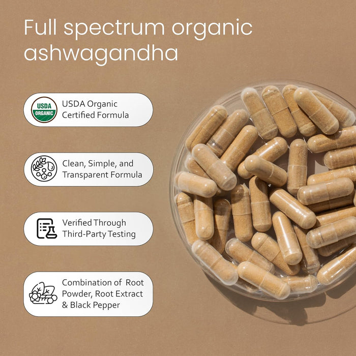 Organic Ashwagandha 100 cápsulas de vegetarianas, 100% puro extracto orgánico
