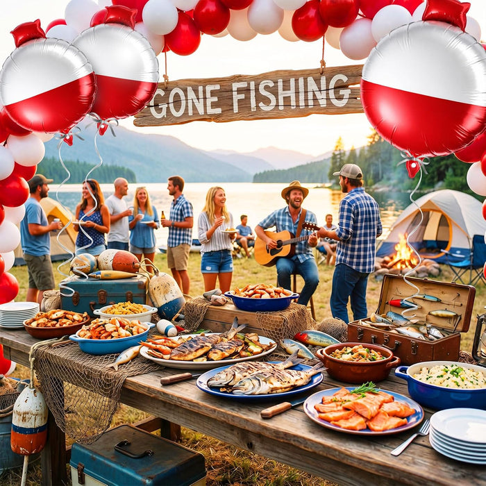 6 globos de Bobber Gone Fishing Party Decoraciones inflables Bobber Foil Globos Colgantes Rojo y Blanco