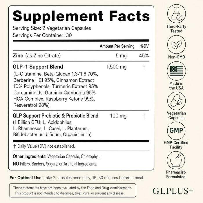 GLPLUS+ Suplemento GLP-1 para control de peso y supresor del apetito, 60ct