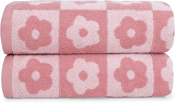Toallas de baño de lujo de 2 piezas con estampado floral a cuadros, toallas rosas para mujeres y niñas.