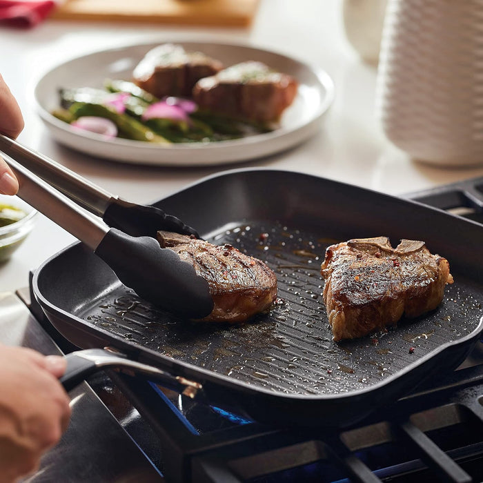 Sartén cuadrada anodizada dura antiadherente con boquillas de vertido