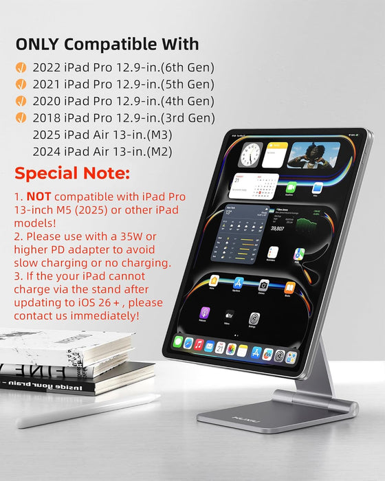 Soporte de carga inalámbrico magnético para iPad Pro 12.9 (3ª/4ª/5ª/6ª) y iPad Air 13 (M2/M3)