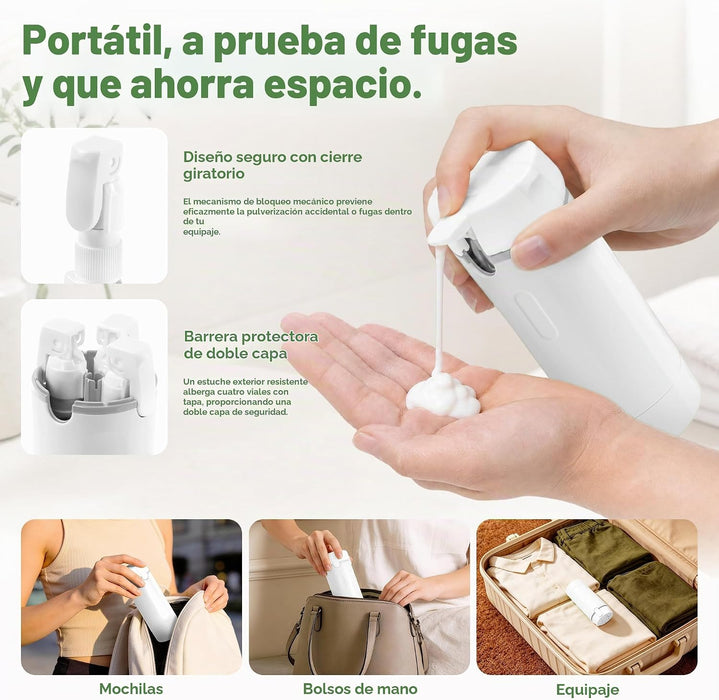 Dispensador de viaje 4 en 1, botellas de champú y acondicionador de viaje recargables a prueba de fugas