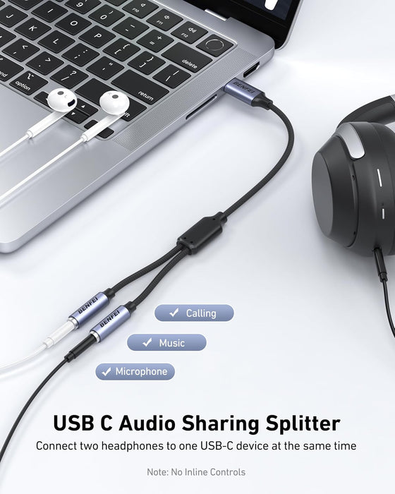BENFEI Divisor de audio USB C a doble de 0.138 in, adaptador de auriculares para 2 personas