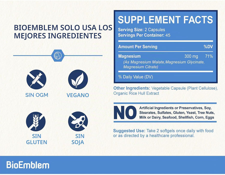 BioEmblem Complejo de glicinato de magnesio, 300 mg por porción, 90 Tabletas