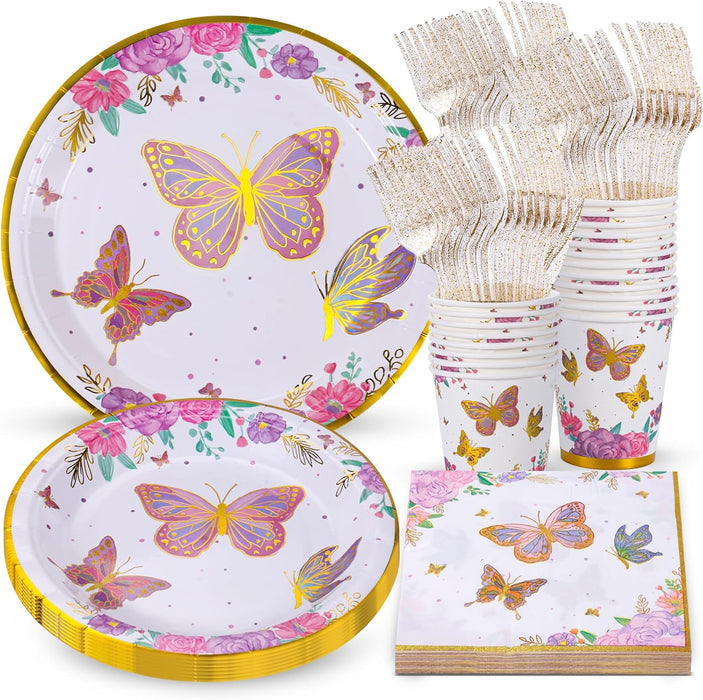 Suministros para fiestas de mariposas: platos, vasos, servilletas, tenedores y decoraciones para 24 invitados