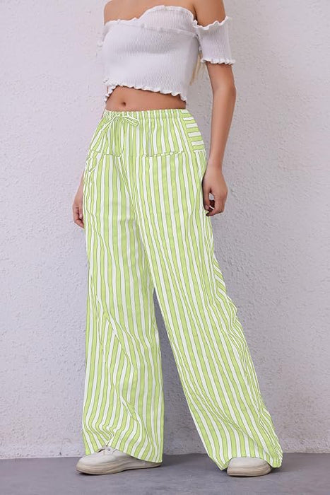 Pantalones casuales con cordón a rayas y pierna ancha para mujer
