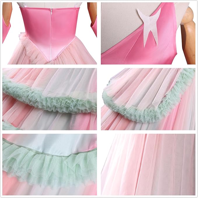 ‌Disfraz Mujer Cosplay Hada Glinda Rosa Lujo Largo Brillante Vestido de Noche con Tocado Guantes