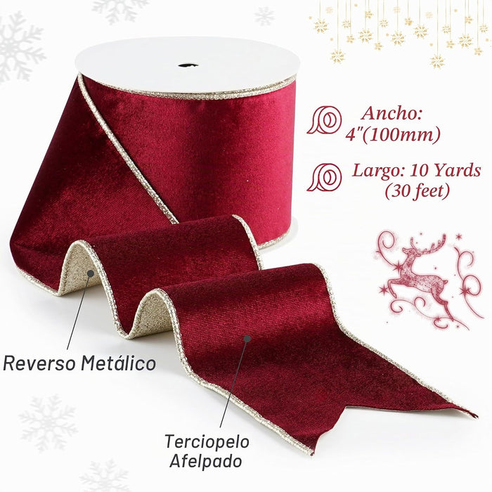 Cinta de Terciopelo Burdeos con Alambre con Purpurina en el Reverso de Navidad