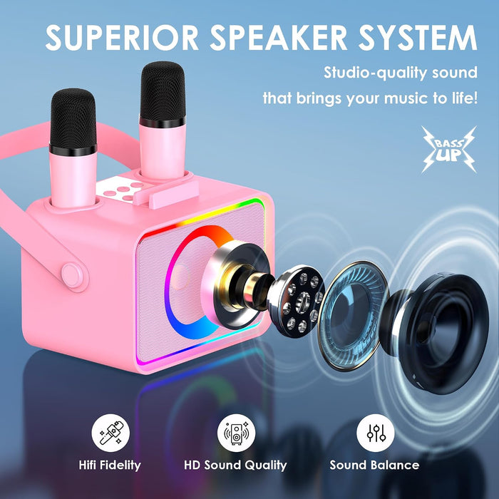 Máquina de karaoke, altavoz Bluetooth portátil con 2 micrófonos inalámbricos para adultos y niños con luces LED