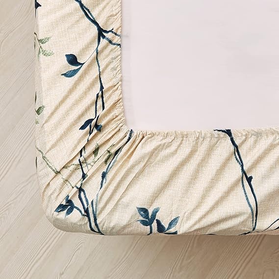 Juego de sábanas JSD Beige Leaves Print tamaño matrimonial, 4 piezas, sábanas suaves de microfibra