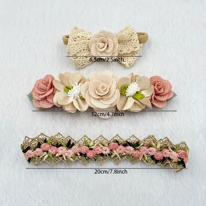 3 piezas de diseño de lazo de rosa marrón, diadema de flor 'S' suave y elástica