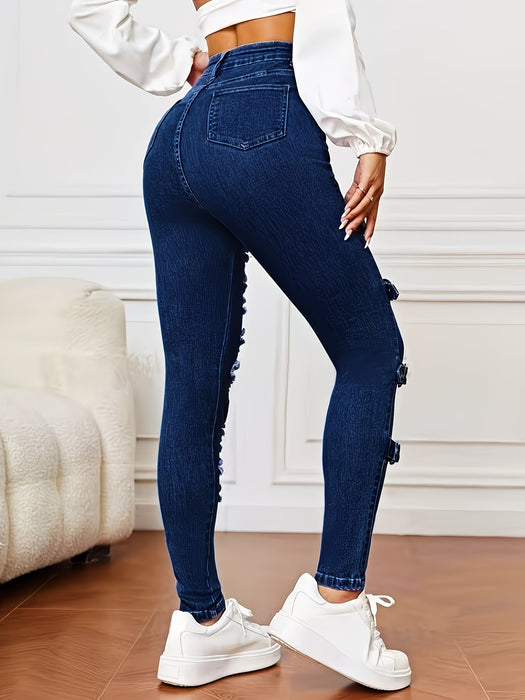 Jeans ajustados rotos con hebilla, versátiles, elásticos y modernos para mujer