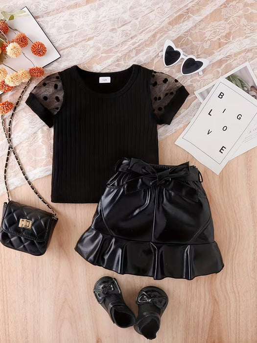 Estilo Picante de Verano para Niñas Top de Malla con Mangas de Lunares y Falda
