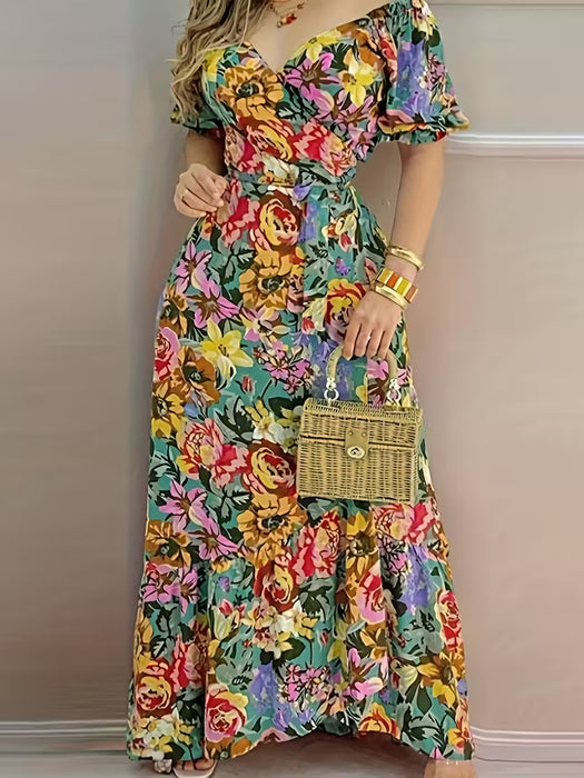 Vestido Largo Elegante de Manga Corta con Cuello en V y Estampado Floral