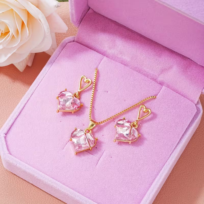 3pcs de Aretes y Collar de Corazón Rosa, Elegantes  para Mujer