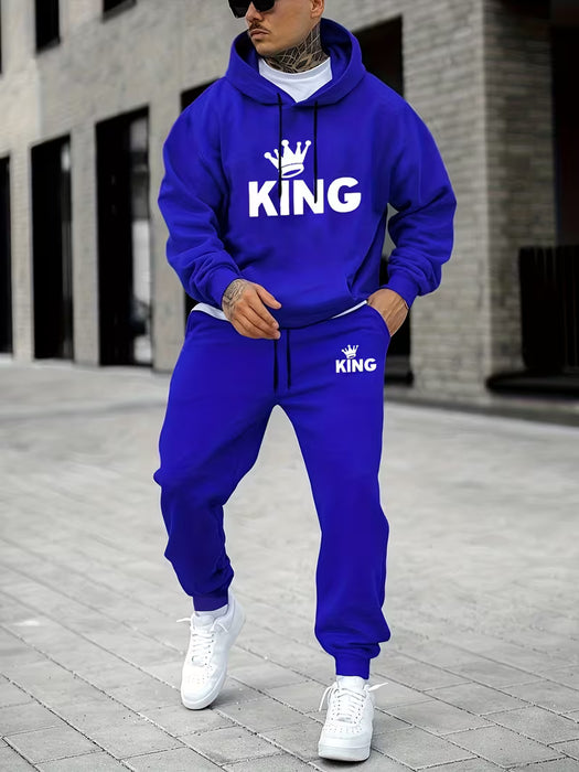 Sudadera con Capucha de Moda para Hombre con Estampado de Corona y Letras y Pantalones de Chándal