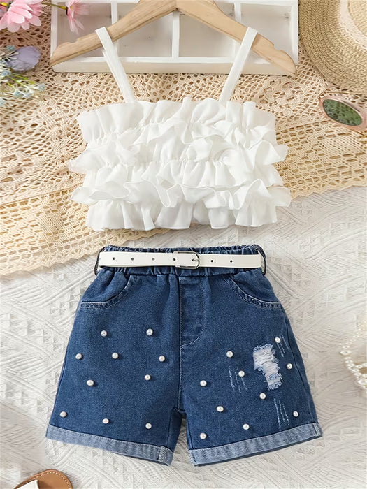 Conjunto de dos piezas para niñas: camiseta sin mangas con encaje y shorts de mezclilla