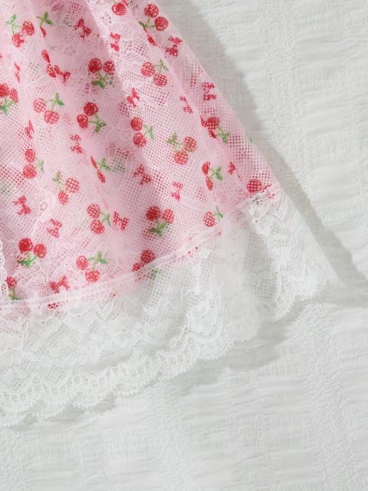 Pijama para Mujer, Estampado de Cerezas Rosas con Encaje Contrastante