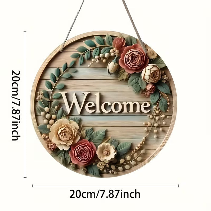 Letrero de Bienvenida Rústico de Madera 2D Plano, con Diseño de Corona Floral
